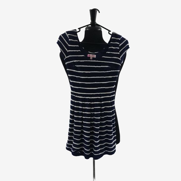 Candies XS Dress Navy Blue White Lined Short Sleeved Polyester Rayon 31" Length - Picture 1 of 9